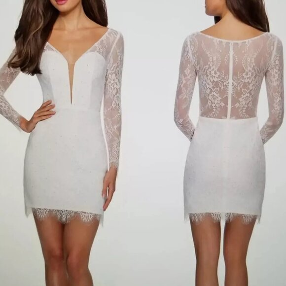 La Femme Dresses & Skirts - La Femme Long Sleeve Lace Crystal Embellished Formal Mini Dress in White Sz 4